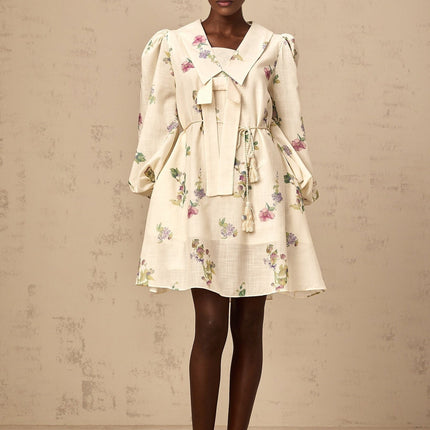 Riley Floral Mini Dress With Bowknot Detailing in Neutrals