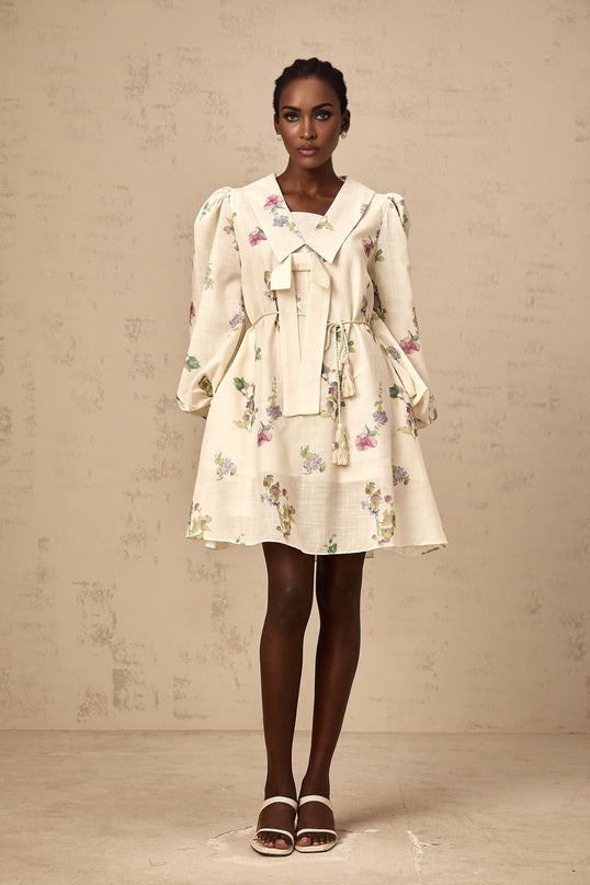 Riley Floral Mini Dress With Bowknot Detailing in Neutrals
