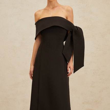 Rina Black Maxi Dress Off-Shoulder Bow Detail Side Slit Fitted Waistline Folded Edge Self-Tie Bowknot Rear Zip Fastening Formal Events Special Occasions