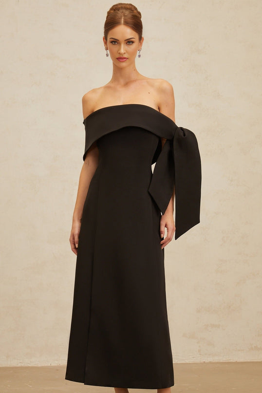 Rina Black Maxi Dress Off-Shoulder Bow Detail Side Slit Fitted Waistline Folded Edge Self-Tie Bowknot Rear Zip Fastening Formal Events Special Occasions