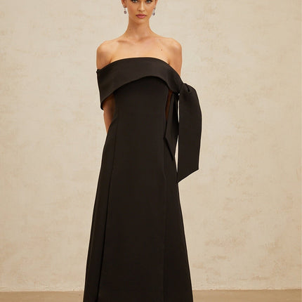 Rina Black Maxi Dress Off-Shoulder Bow Slit Fitted Waistline Formal Events Glamour