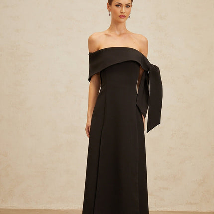 Rina Black Maxi Dress Off-Shoulder Bow Detail Side Slit Fitted Waistline Folded Edge Finish Elegant Self-Tie Bowknot Rear Zip Fastening Formal Special Occasions