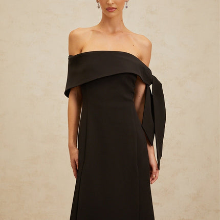 Rina Black Maxi Dress Off-Shoulder Bow Detail Side Slit Fitted Waistline Folded Edge Finish Elegant Self-Tie Bowknot Rear Zip Fastening Formal Special Occasions Impeccable Taste