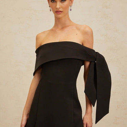 Rina Black Maxi Dress with Bow Detail and Side Slit