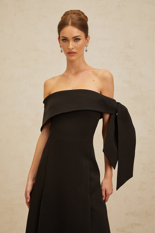 Rina Black Maxi Dress with Bow Detail and Side Slit