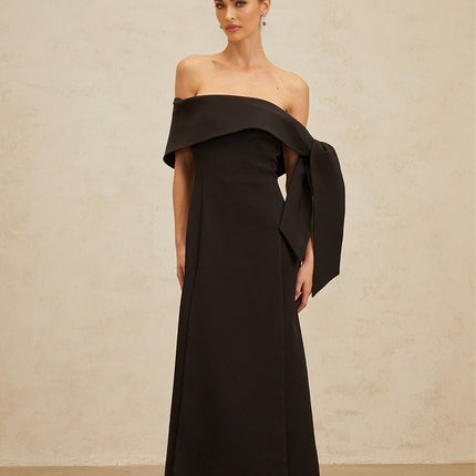 Rina Black Maxi Dress with Bow Detail and Side Slit