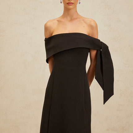 Rina Black Maxi Dress Off-Shoulder Bow Detail Side Slit Fitted Waistline Folded Edge Self-Tie Bowknot Rear Zip Fastening Formal Special Occasions