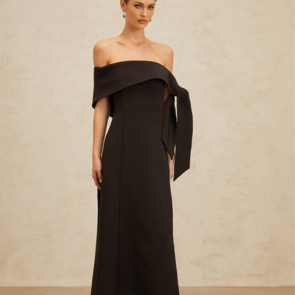 Rina Black Maxi Dress Off-Shoulder Bow Detail Side Slit Fitted Waistline Folded Edge Finish Elegant Self-Tie Bowknot Rear Zip Fastening Formal Special Occasions