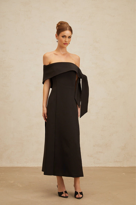 Rina Black Maxi Dress Off-Shoulder Bow Detail Side Slit Fitted Waistline Folded Edge Finish Elegant Self-Tie Bowknot Rear Zip Fastening Formal Special Occasions