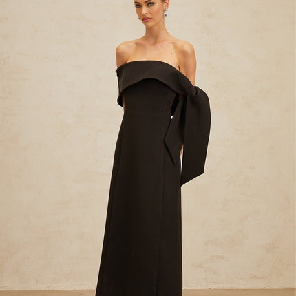 Rina Black Maxi Dress Off Shoulder Bow Detail Side Slit Fitted Waistline Folded Edge Finish Elegant Self-Tie Bowknot Rear Zip Fastening Formal Special Occasion