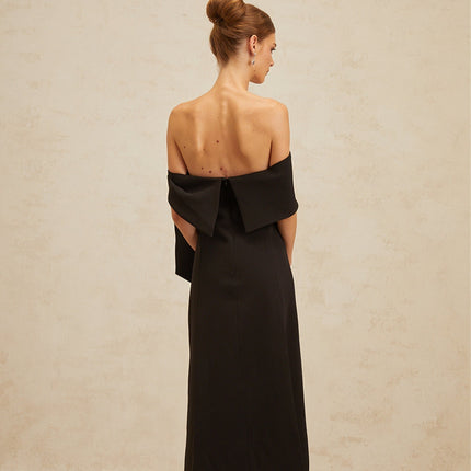 Rina Black Off-Shoulder Maxi Dress with Bow Detail and Side Slit