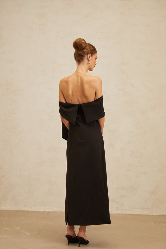 Rina Black Off-Shoulder Maxi Dress with Bow Detail and Side Slit