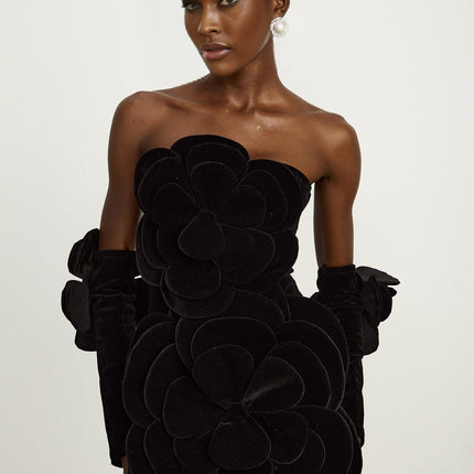 Rina Black Velvet Floral Appliqué Mini Dress