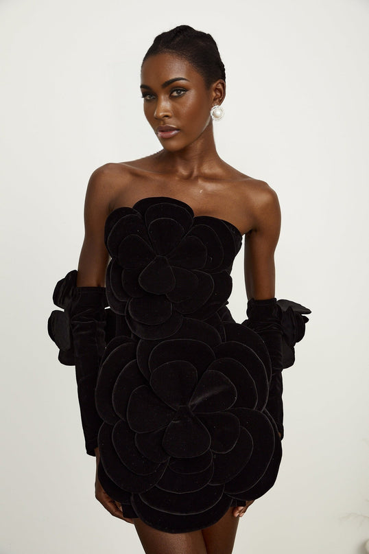 Rina Black Velvet Floral Appliqué Mini Dress