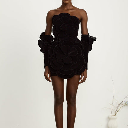 Rina Black Velvet Floral Appliqué Mini Dress