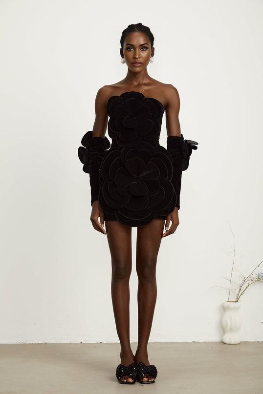 Rina Black Velvet Floral Appliqué Mini Dress