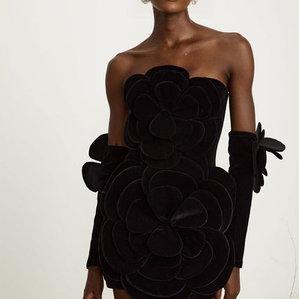 Rina Black Velvet Floral Appliqué Mini Dress