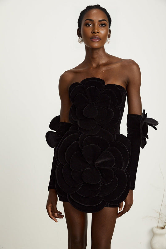 Rina Black Velvet Floral Appliqué Mini Dress