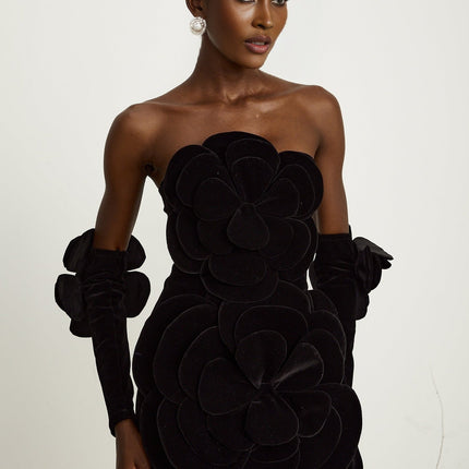 Rina Black Velvet Floral Appliqué Mini Dress