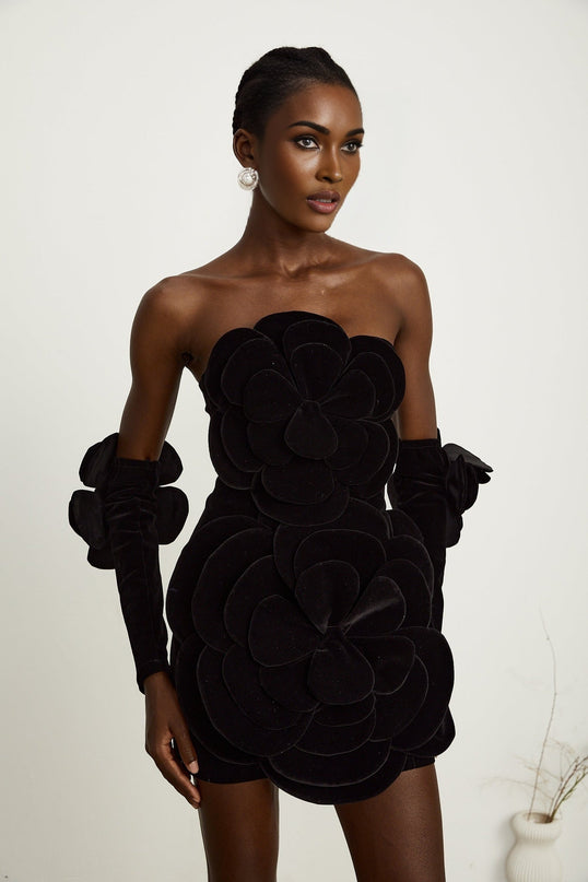 Rina Black Velvet Floral Appliqué Mini Dress