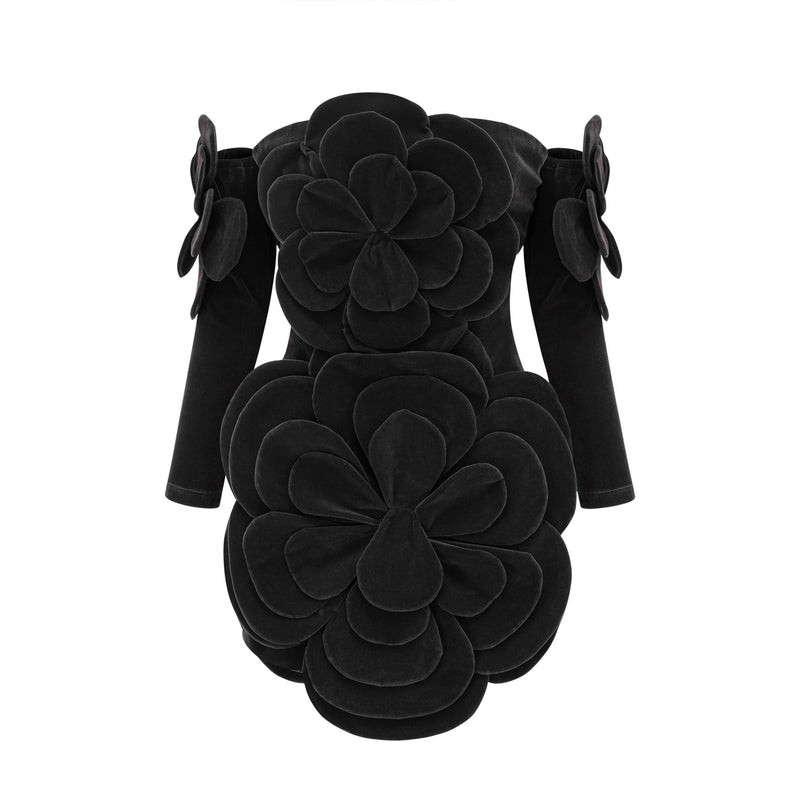 Rina Black Velvet Floral Appliqué Mini Dress