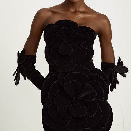 Rina Black Velvet Floral Appliqué Off-Shoulder Mini Dress