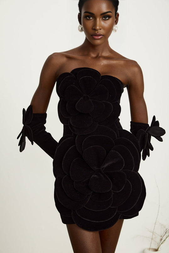 Rina Black Velvet Floral Appliqué Off-Shoulder Mini Dress