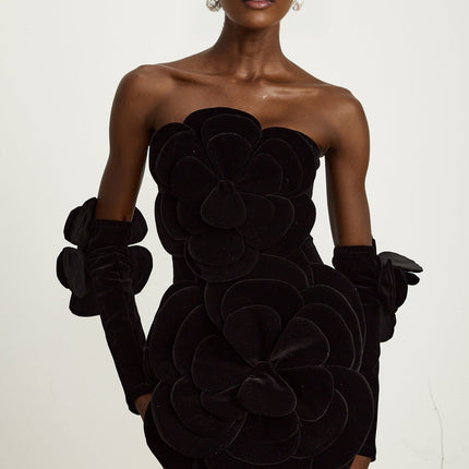 Rina Black Velvet Floral Appliqué Off-Shoulder Mini Dress