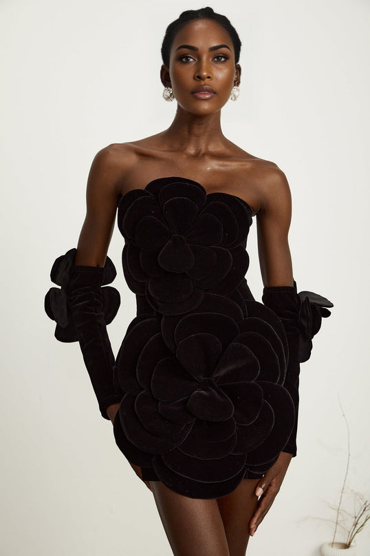 Rina Black Velvet Floral Appliqué Off-Shoulder Mini Dress