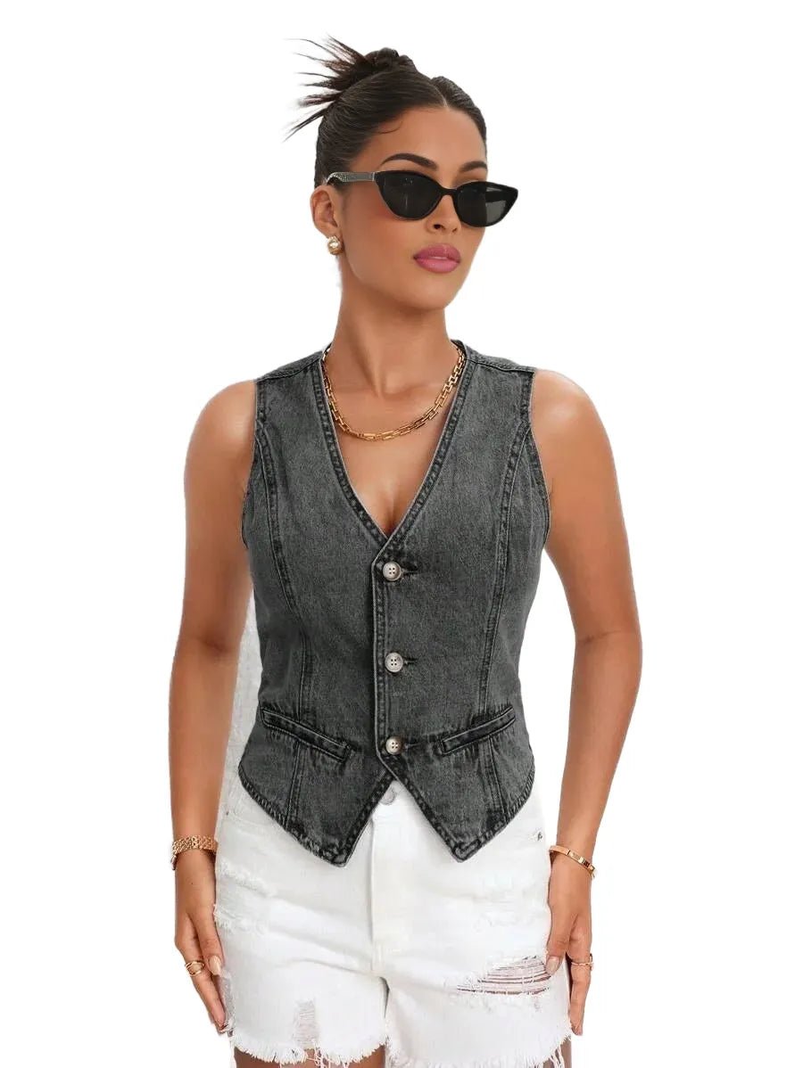 Rina Cropped Denim Jacket for Women - Button Front Vest Style in Grey - Grey