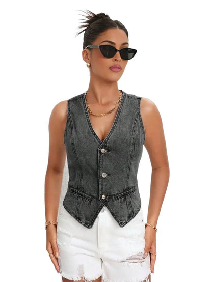 Rina Cropped Denim Jacket for Women - Button Front Vest Style in Grey - Grey