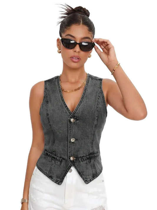 Rina Cropped Denim Jacket for Women - Button Front Vest Style in Grey - Grey