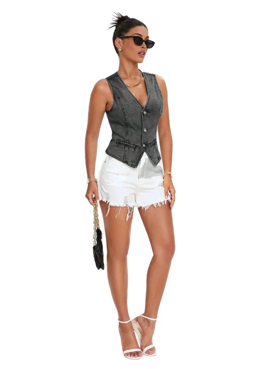 Rina Cropped Denim Jacket for Women - Button Front Vest Style in Grey - Grey