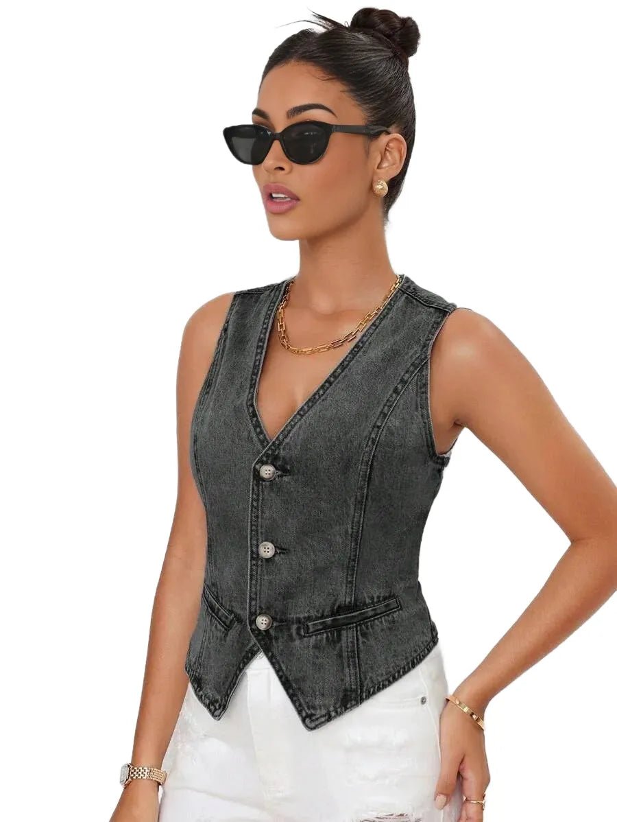 Rina Cropped Denim Jacket for Women - Button Front Vest Style in Grey - Grey