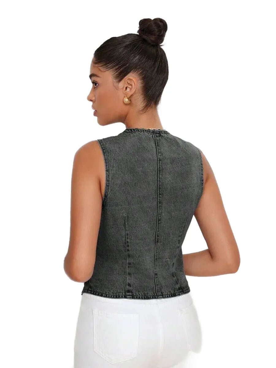 Rina Cropped Denim Jacket for Women - Button Front Vest Style in Grey - Grey