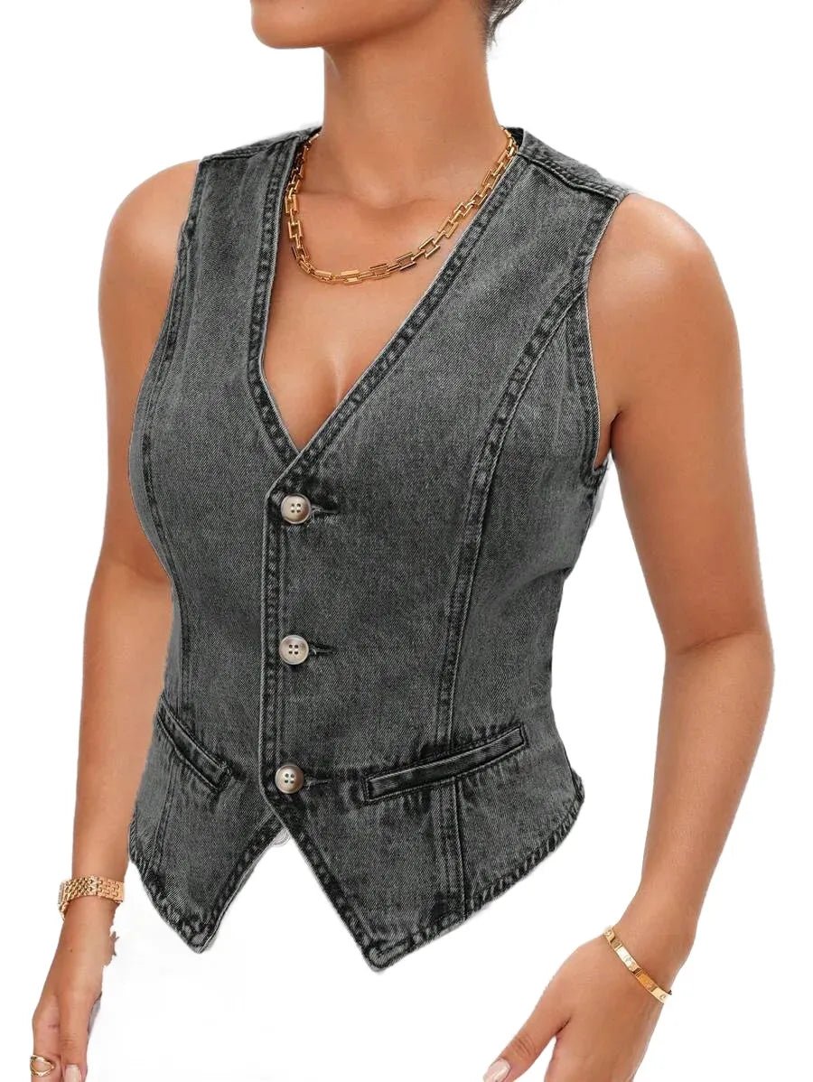 Rina Cropped Denim Jacket for Women - Button Front Vest Style in Grey - Grey
