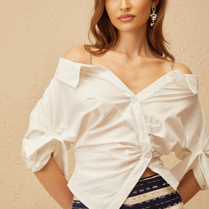Rina White Cold Shoulder Blouse Asymmetrical Hem