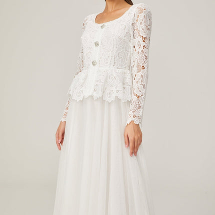 Rina White Guipure Lace Tulle Peplum Midi Dress Floral Choker Cut-work Scoop Neck Long Sleeves Pleated Skirt Calf-length Rear Zip 100% Terylene