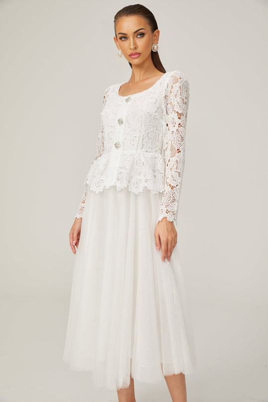Rina White Guipure Lace Tulle Peplum Midi Dress Floral Choker Cut-work Scoop Neck Long Sleeves Pleated Skirt Calf-length Rear Zip 100% Terylene