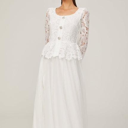 Rina White Tulle Guipure Lace Peplum Floral Choker Cut-work Midi Dress
