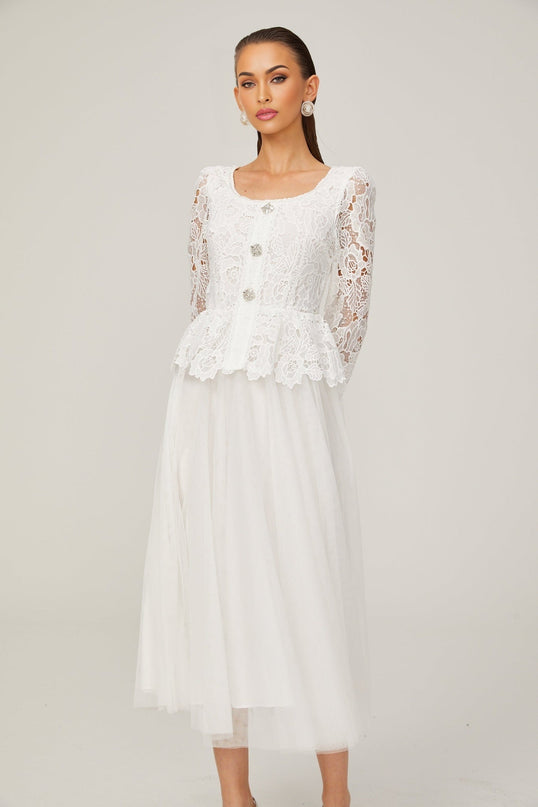 Rina White Tulle Guipure Lace Peplum Floral Choker Cut-work Midi Dress