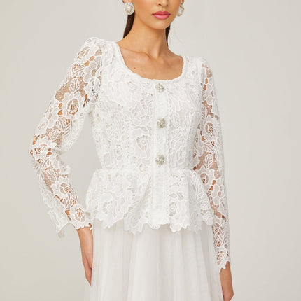 Rina White Tulle Guipure Lace Peplum Floral Choker Cut-work Midi Dress