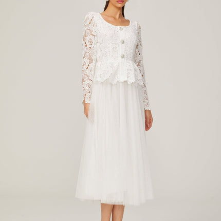 Rina White Tulle Guipure Lace Peplum Floral Choker Cut-work Midi Dress