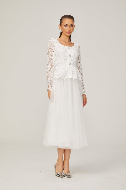 Rina White Tulle Guipure Lace Peplum Floral Choker Cut-work Midi Dress