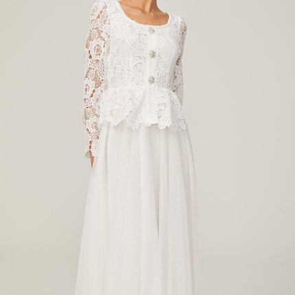 Rina White Tulle Guipure Lace Peplum Floral Choker Cut-work Midi Dress