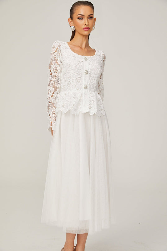 Rina White Tulle Guipure Lace Peplum Floral Choker Cut-work Midi Dress