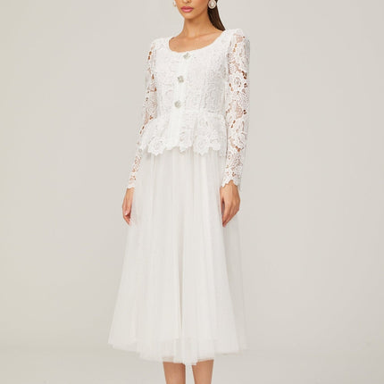 Rina White Tulle Guipure Lace Peplum Floral Choker Cut-work Midi Dress