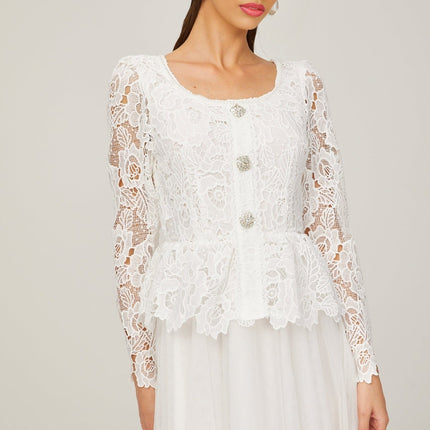 Rina White Tulle Guipure Lace Peplum Floral Choker Cut-work Midi Dress