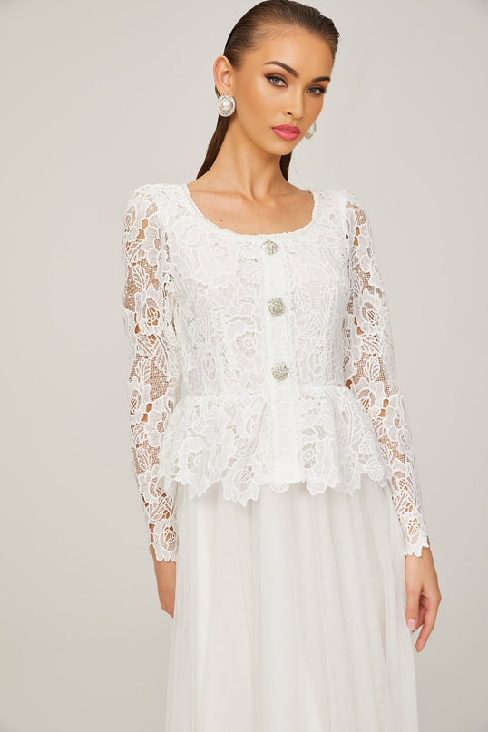 Rina White Tulle Guipure Lace Peplum Floral Choker Cut-work Midi Dress