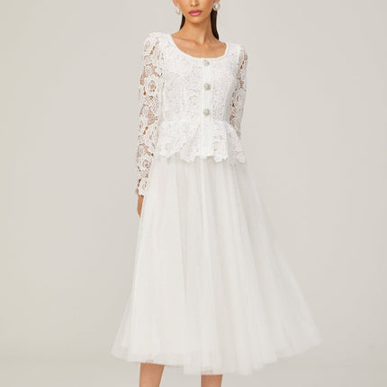 Rina White Tulle Guipure Lace Peplum Floral Choker Cut-work Midi Dress